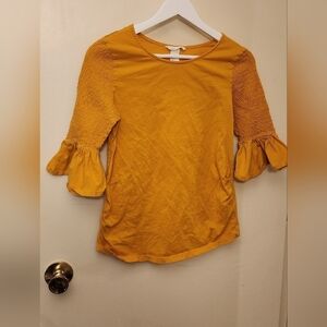Mama Maternity shirt 3/4 flutter sleeve yellow cinch sides size medium